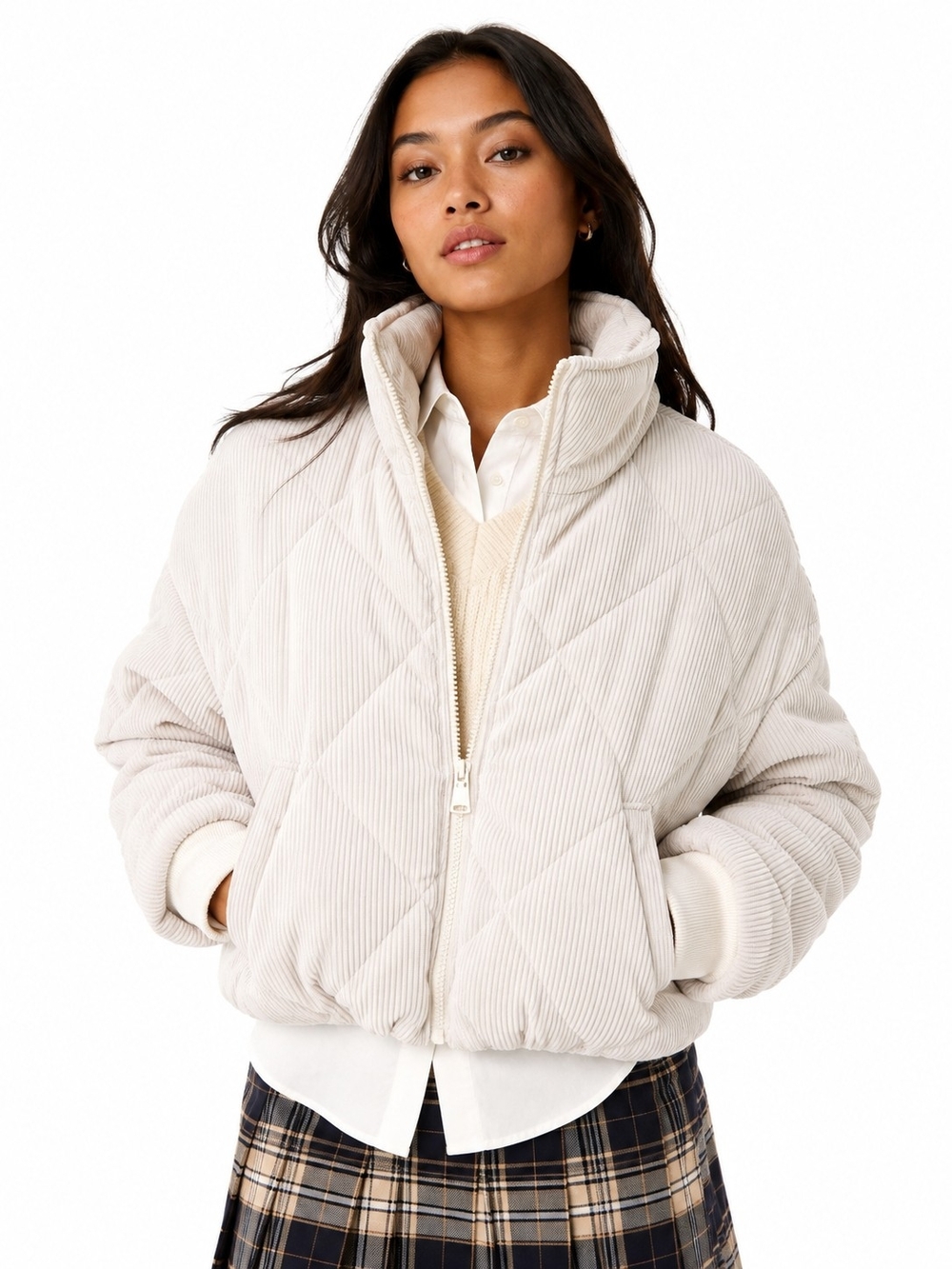 Ci Sono XL funnel neck Cream Corduroy Quilted Puffer bomber Jacket Cozy Campus